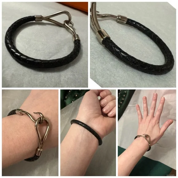 Hermès AUTHENTIC Silver & Black Leather Jumbo Hook Braided Tour Bracelet. - Picture 14 of 16